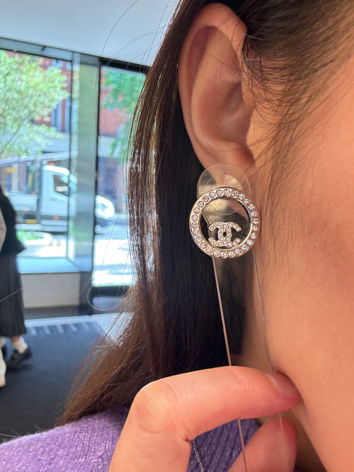 CHANEL Silver Crystal Round CC Logo Earrings | Chanel Crystal Earrings (Silver)