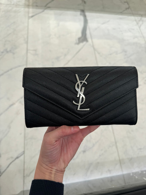 YSL SAINT LAURENT Large Flap Wallet | 聖羅蘭 長銀包 (黑銀色)